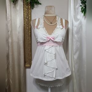 ♡ Y2K ♡ Abercrombie White & Baby Pink Ruffle Bow Babydoll Tank Top
